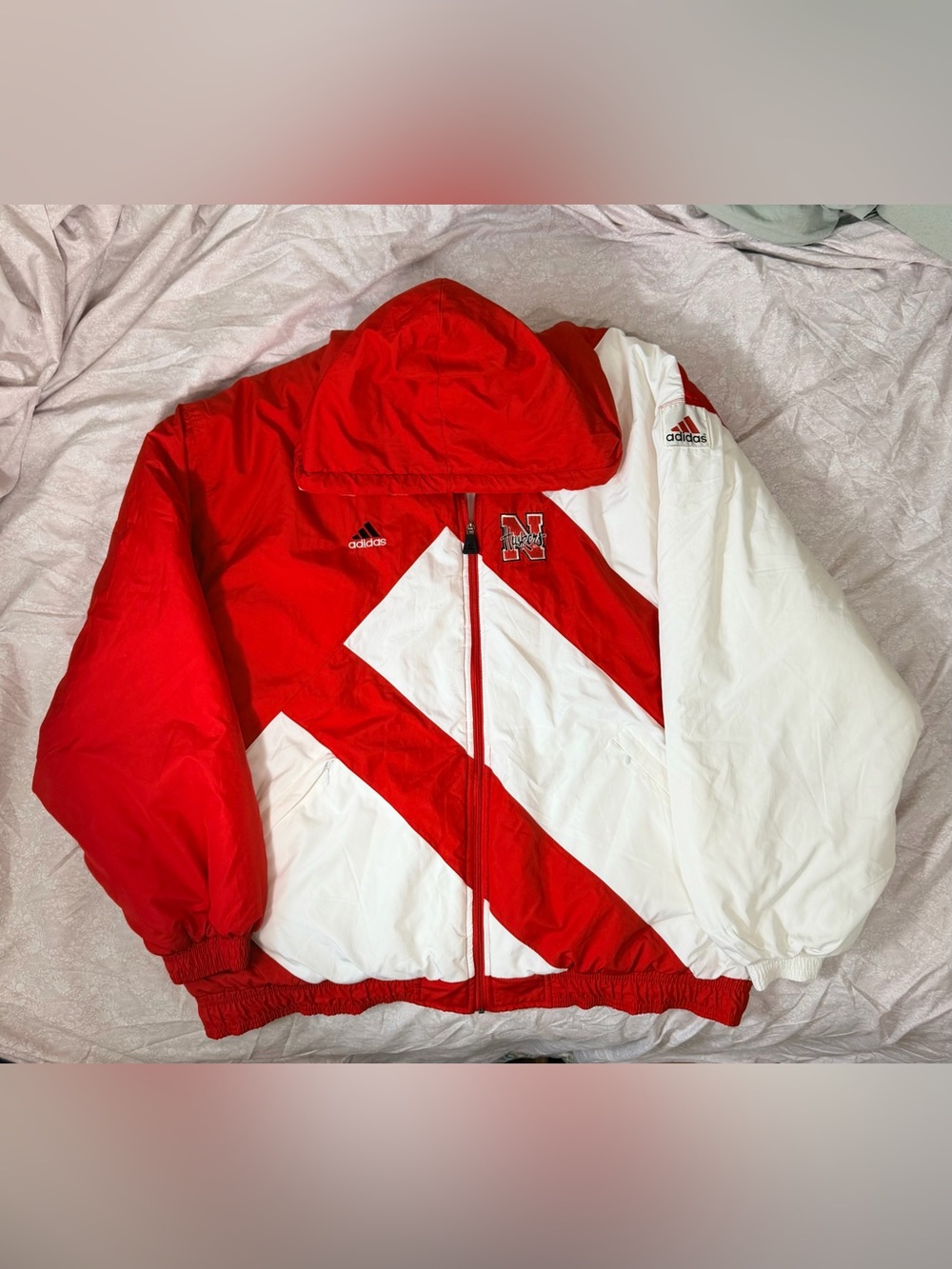 Vintage 90s Adidas Nebraska Huskers Football Puffer Jacket Hooded Red White XXL
